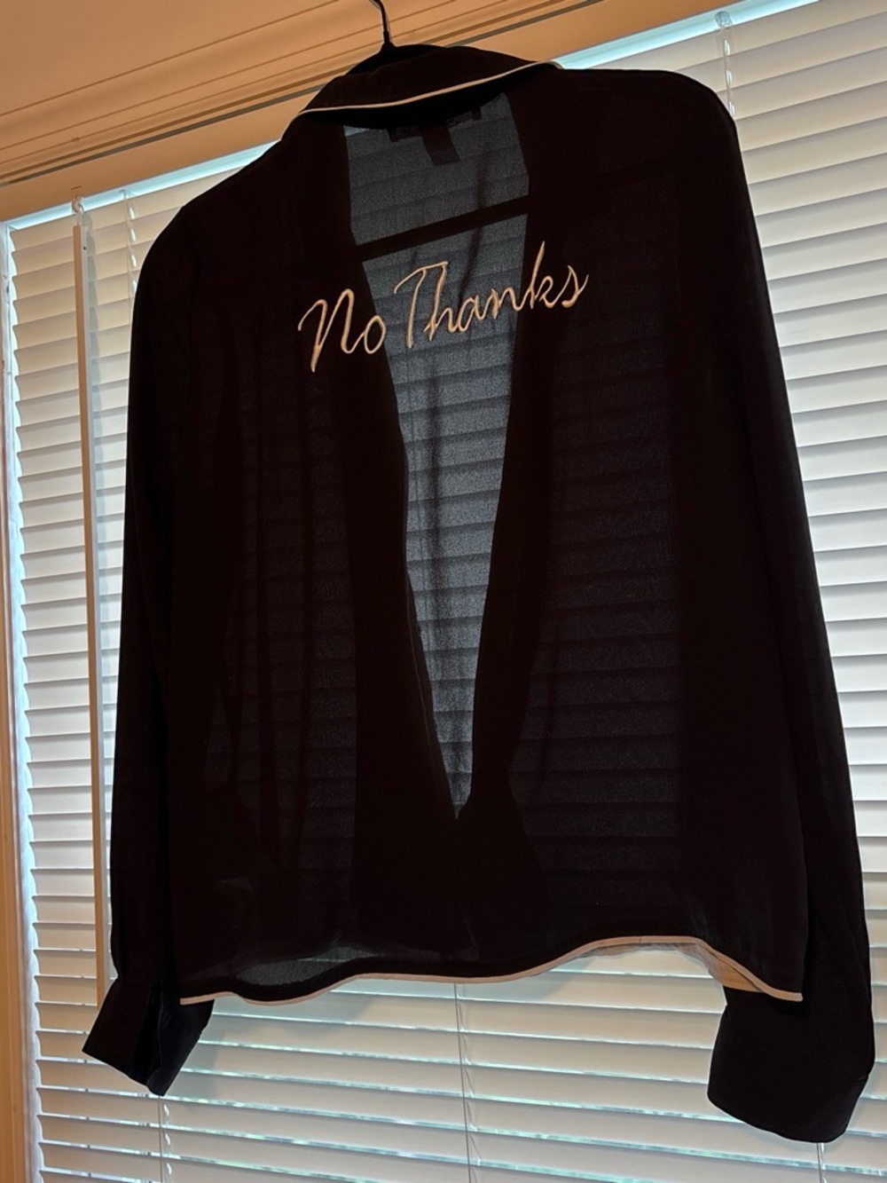Forever 21 Black Sheer Button-Down Top with "No Thanks" Embroidery